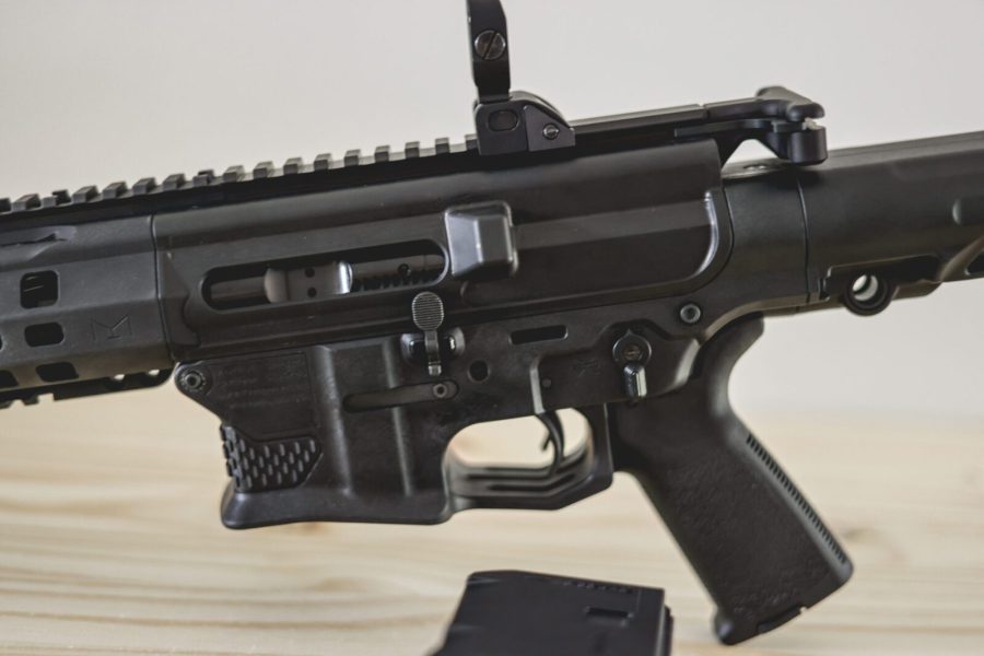 double barrel AR15 rifle focus on the pistol grip, trigger, safety, mag well, extraction point and picatinny rails.